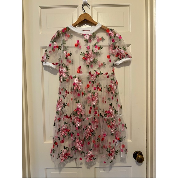 Floral embroidered dress sheer white short sleeve spaghetti strap coverup party - Picture 5 of 13